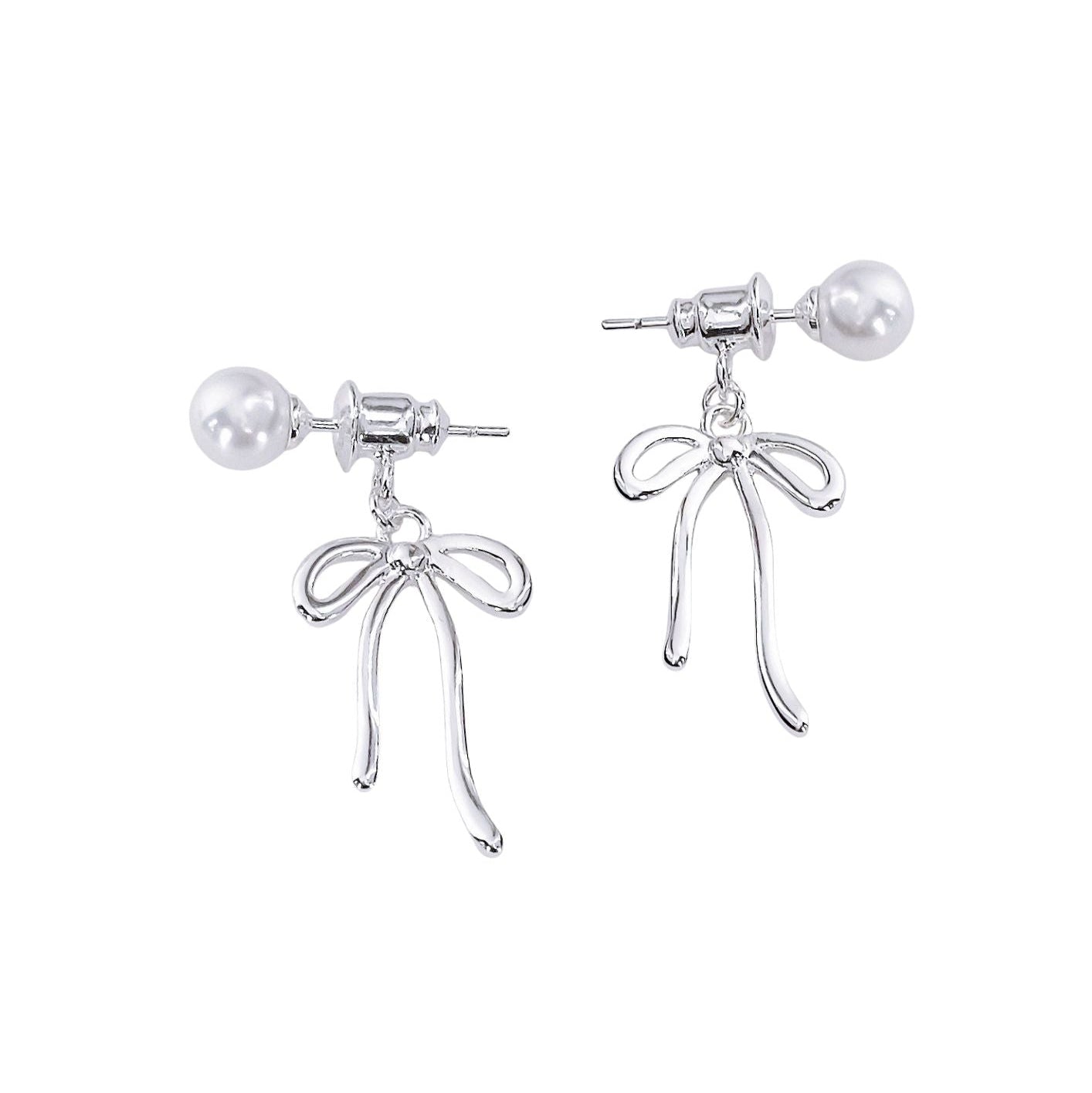 Bow Stud Pearl Dangle Earrings