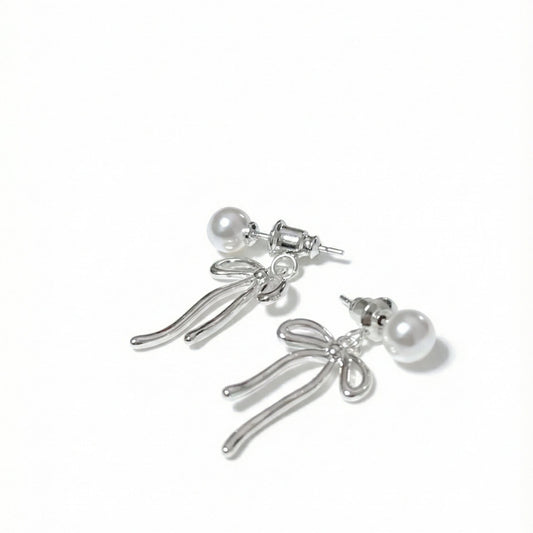 Bow Stud Pearl Dangle Earrings