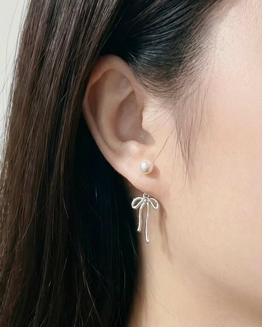 Bow Stud Pearl Dangle Earrings