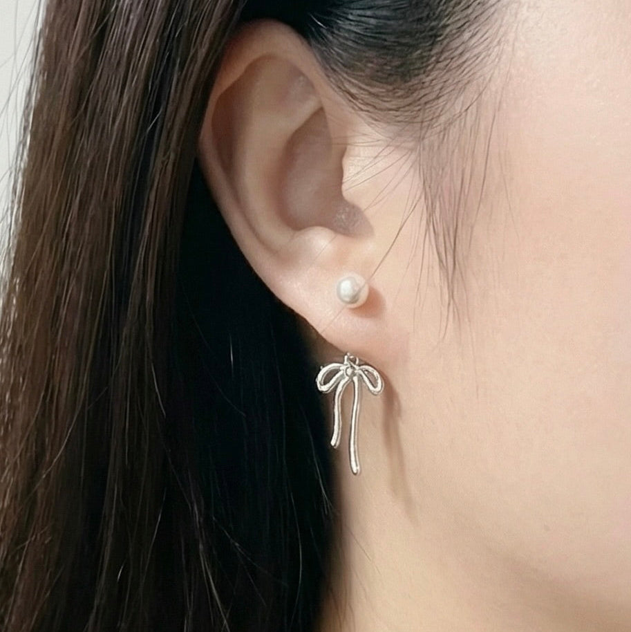 Bow Stud Pearl Dangle Earrings