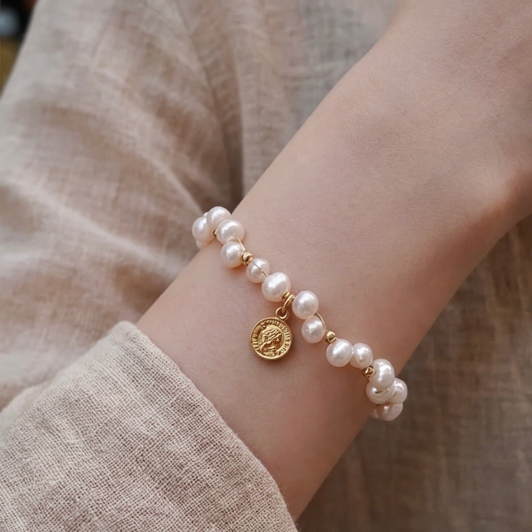 Gold Coin Faux Pearl Bracelet