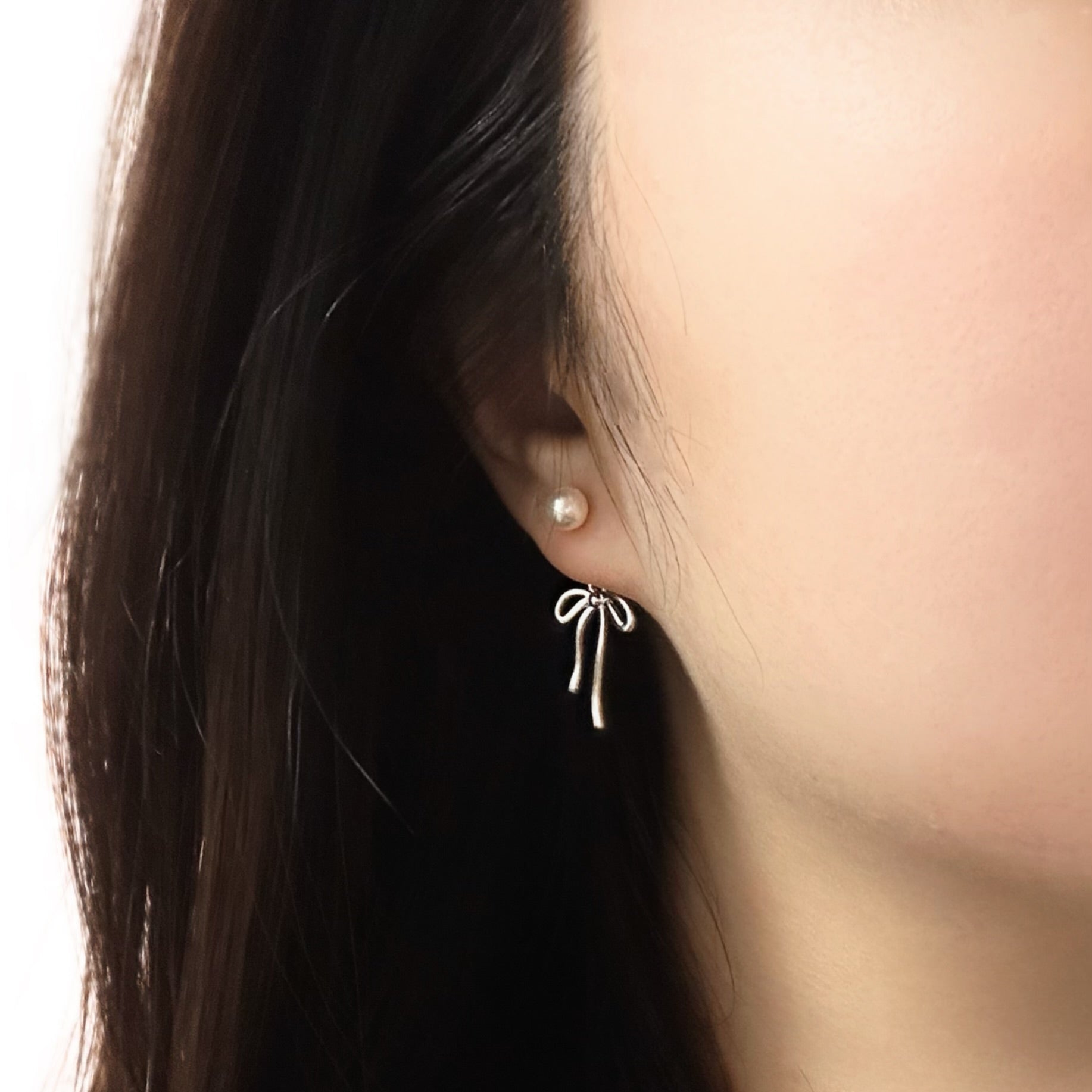 Bow Stud Pearl Dangle Earrings