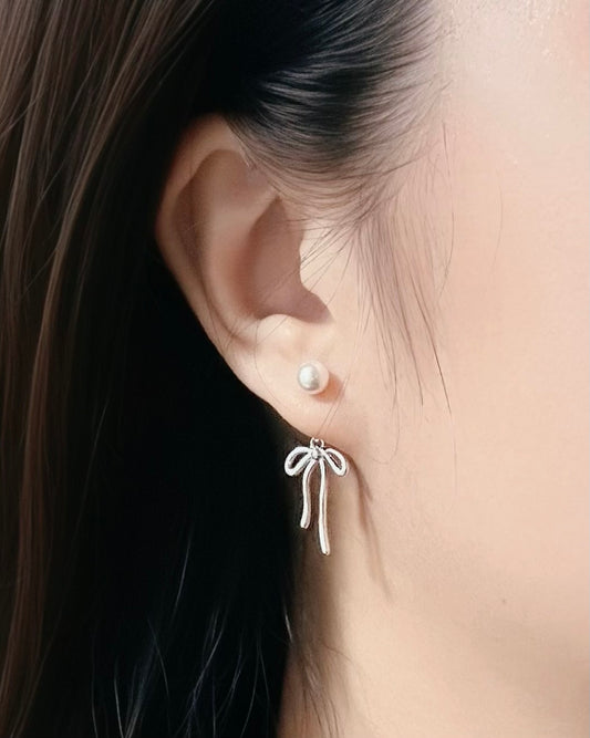 Bow Stud Pearl Dangle Earrings